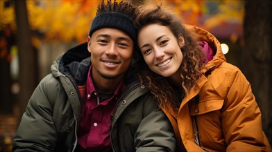 Happy warmly dressed young loving multi-ethnic couple enjoy the beautiful fall leaves in the park