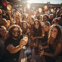 Young cheerful people toast each other with glasses raised