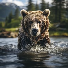 Brown bear stands in a stream