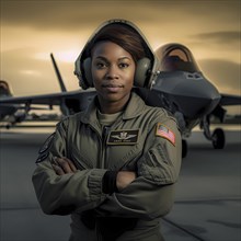 Proud young pilot stands in front of her F 14 fighter plane