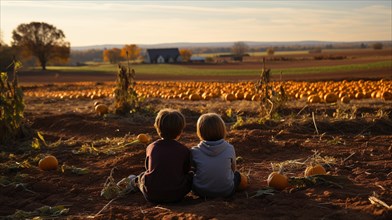 Two young children sitting amidst the pumpkins at the pumpkin patch farm on a fall day