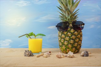 Natural pineapple with sunglasses on the sand of the beach with orange juice