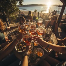 Young cheerful people toast each other with glasses raised