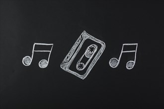 Drawn musical notes with cassette tape blackboard