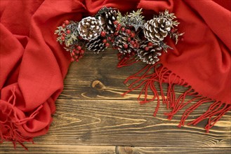 Flat lay cute winter pine cones red scarf
