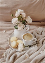 Morning coffee with macarons flowers