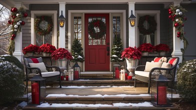 Beautiful christmas decorated front door and porch of a house on a winter evening. generative AI