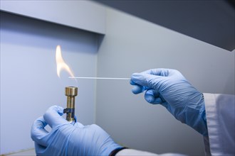 A person holds a stick over a flame of a Bunsen burner