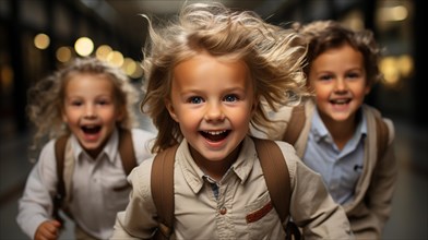 Excited young children laughing and running down the hallway of thier school