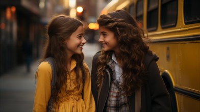 Two young student girlfriends wearing backpacks laughing near the school bus