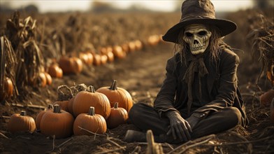 Spooky halloween skeleton scarecrow figure amidst the pumpkins in the field