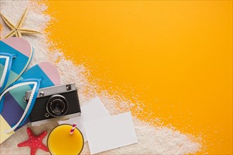 Flat lay beach concept with postcards