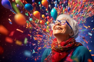 Laughing older woman with glasses against colourful background