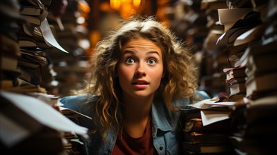 Young girl student sitting stunned and overwhelmed amidst a never ending pile of books and papers surrounding him