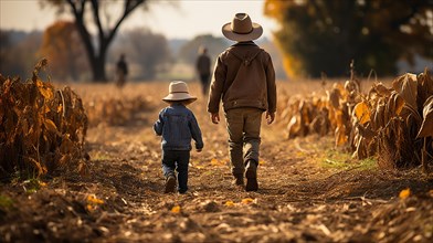 Farmer father and young son walking amidst the crops in the fall