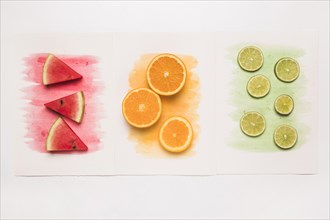 Composition juicy cut fruits colored watercolor splash