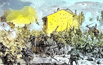 The storming of St Privat by the Guard and the Saxons on the evening of 18 August 1870 in the Franco-Prussian War