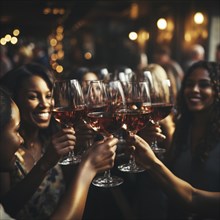 Young cheerful people toast each other with glasses raised
