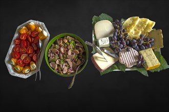 Buffet platters with tomato sausage salad and cheese on a dark background