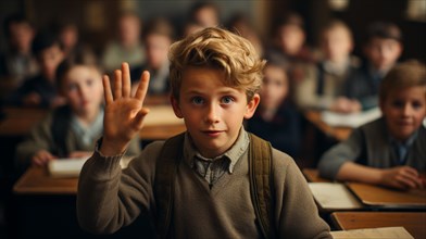 Young boy student raising his hand in the classroom setting