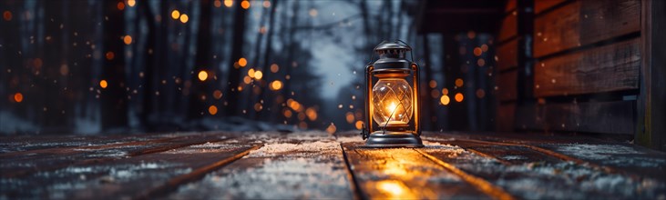 Warm and inviting lit vintage lantern resting on wood planks base outdoors in a winter setting. generative AI