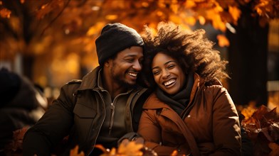 Happy warmly dressed young loving african american couple laugh as they enjoy the beautiful fall leaves in the park