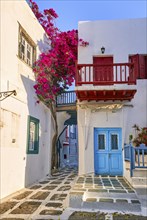 Charming traditional narrow streets and beautiful alleyways of Greek island towns. Bougainvillea