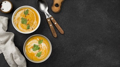 Delicious autumn soup composition with copy space