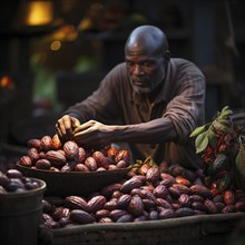A farmer harvests fresh chocolate in a plantation