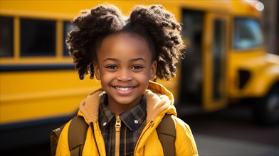 Adorable smiling african american school girl dressed warmly outside near the school bus