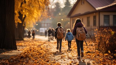 Young children wearing backpacks walking to school on a beautiful fall morning