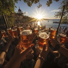 Young cheerful people toast each other with glasses raised
