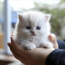 Cute young kitten where held lovingly by two hands