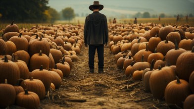 Mysterious man figure wearing hat standing aimless amidst hundreds of large pumpkins in the foggy field