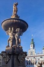 Town Hall and Samson Fountain at Premysl Otakar II Square in the historic old town of Ceske Budejovice
