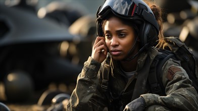 Exhausted female african american fighter pilot soldier sitting near her fighter jet to rest