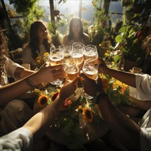 Young cheerful people toast each other with glasses raised