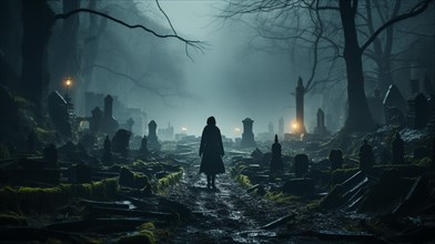 Spooky dark figure walking through the foggy night in a cemetary
