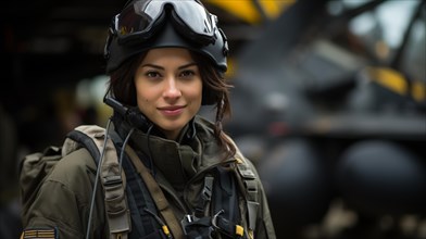 Mixed-race female fighter pilot soldier standing outside her military fighter jet