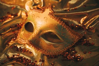 Overhead view elegant gold venetian mask golden textile with sequins