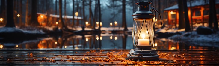 Warm and inviting lit vintage lantern resting on wood planks base outdoors in a winter lake cabin setting. generative AI