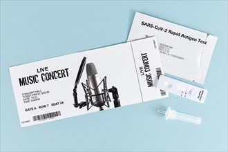 Concept for attending concerts during Corona Virus pandemic with made up ticket and SARS-CoV-2 rapid antigen test with negative result