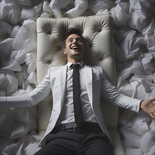 A businessman lies contentedly with his arms outstretched on a bed