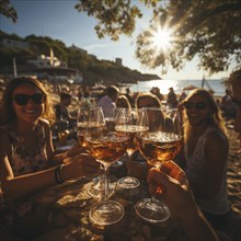 Young cheerful people toast each other with glasses raised