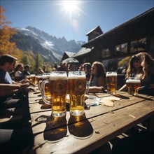 Beer and snacks in an alpine hut in the mountains