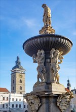 Black Tower and Samson Fountain at Premysl Otakar II Square in the historic old town of Ceske Budejovice