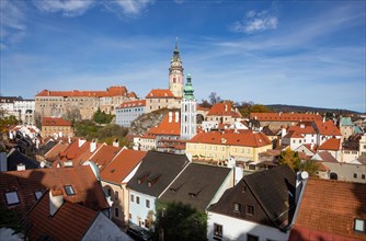 View of the historic old town of Krumlov with Schwarzenberg Castle and St Jodokus Church
