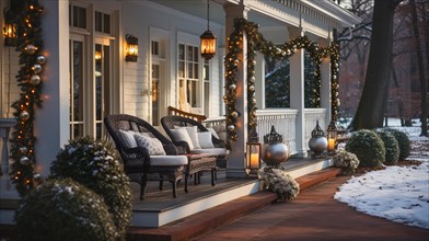 Beautiful christmas decorated front door and porch of a house on a winter evening. generative AI
