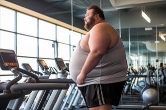 Very obese man stands in front of treadmills in gym