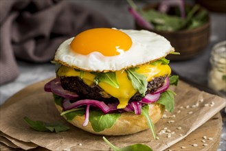 High angle cheeseburger with fried egg cutting board